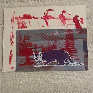 Abstract Cat Art mixed media painting purple red white gray by artist OJ Rutt